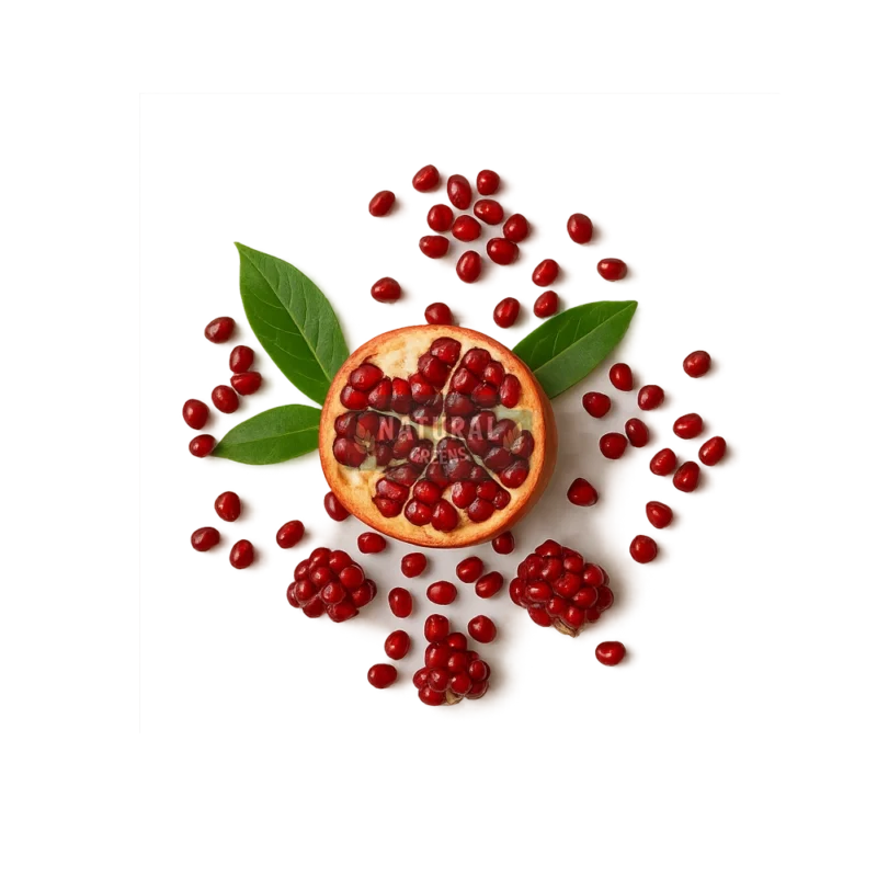 Doğal görünümlü Hicaz narı – yarıya kesilmiş, kırmızı taneleri ve yeşil yapraklarıyla taze hasat görünümünde